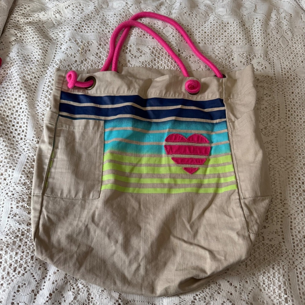 Old Navy Canvas Beach Tote Bag Striped Heart Pink Rope Handles One Size shop